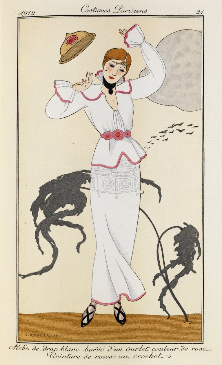 Woman is wearing a dress of white cloth trimmed with a rose-colored hem and a pink belt. She is also wearing black heels and a black necklace. Costumes Parisiens no.21 by Georges Barbier