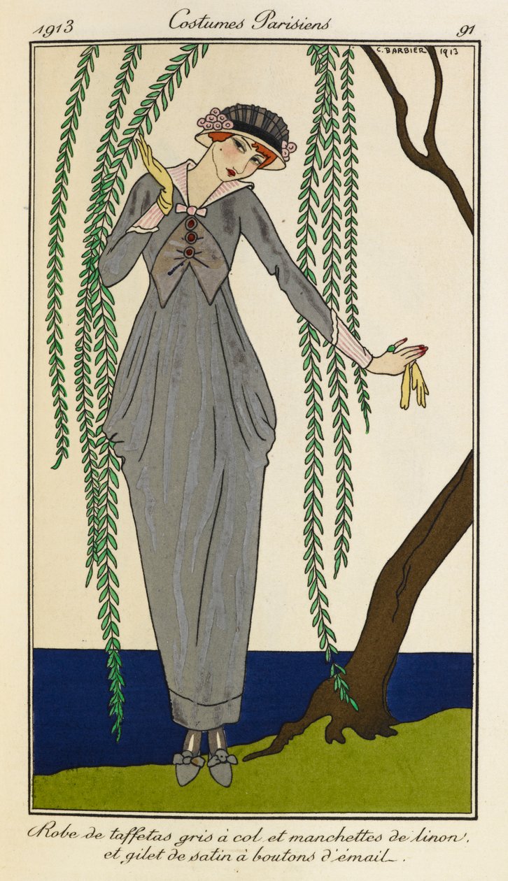 Woman wearing a taffeta dress with gray collar and cuffs of linen and a waistcoat of satin with enamel buttons. Costumes Parisiens no.39 by Georges Barbier