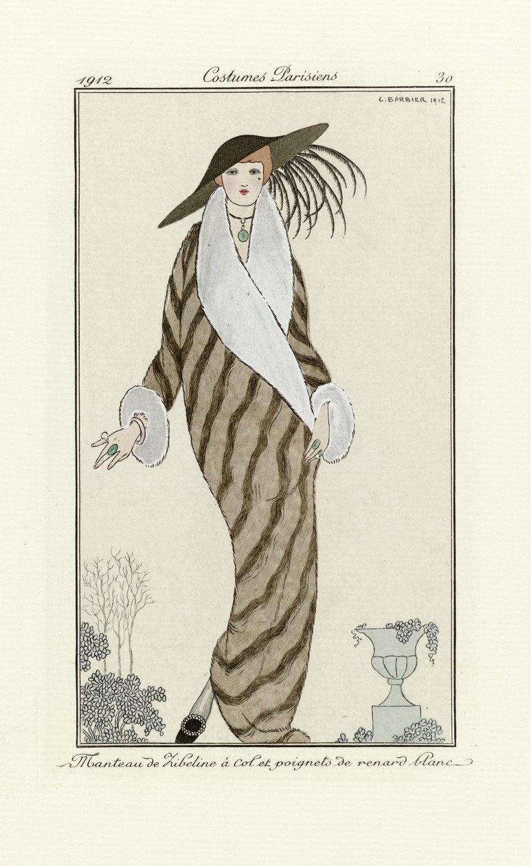 Sable Coat with White Fox Trim, from Costumes Parisien, pub.1912 by Georges Barbier
