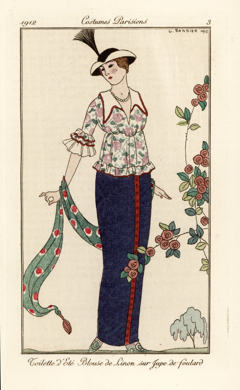 Summer outfit with floral linen blouse and foulard skirt by Georges Barbier