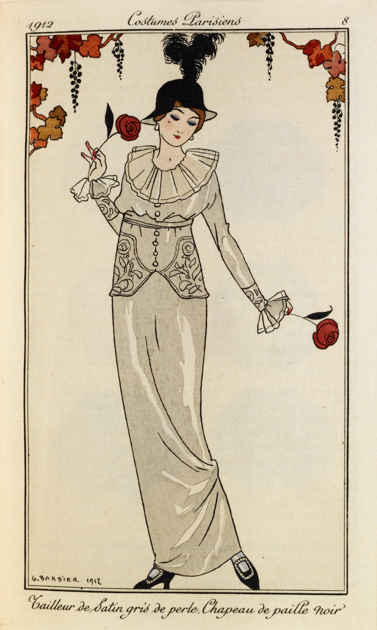 Pearl Grey Satin Dress and Black Straw Hat (Costumes Parisiens no.8) by Georges Barbier
