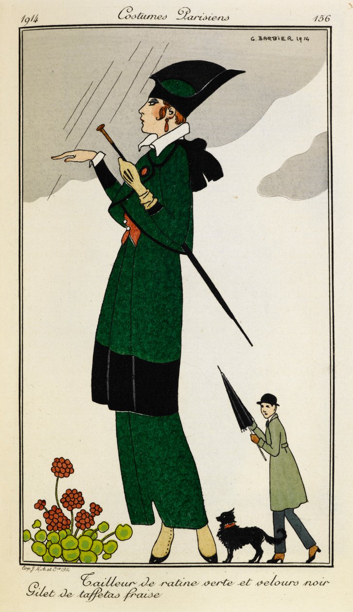 Woman wearing a tailored outfit of green and black silk, with a strawberry silk waistcoat. Person in a trench coat with an umbrella and a dog in the background. Costumes Parisiens. by Georges Barbier