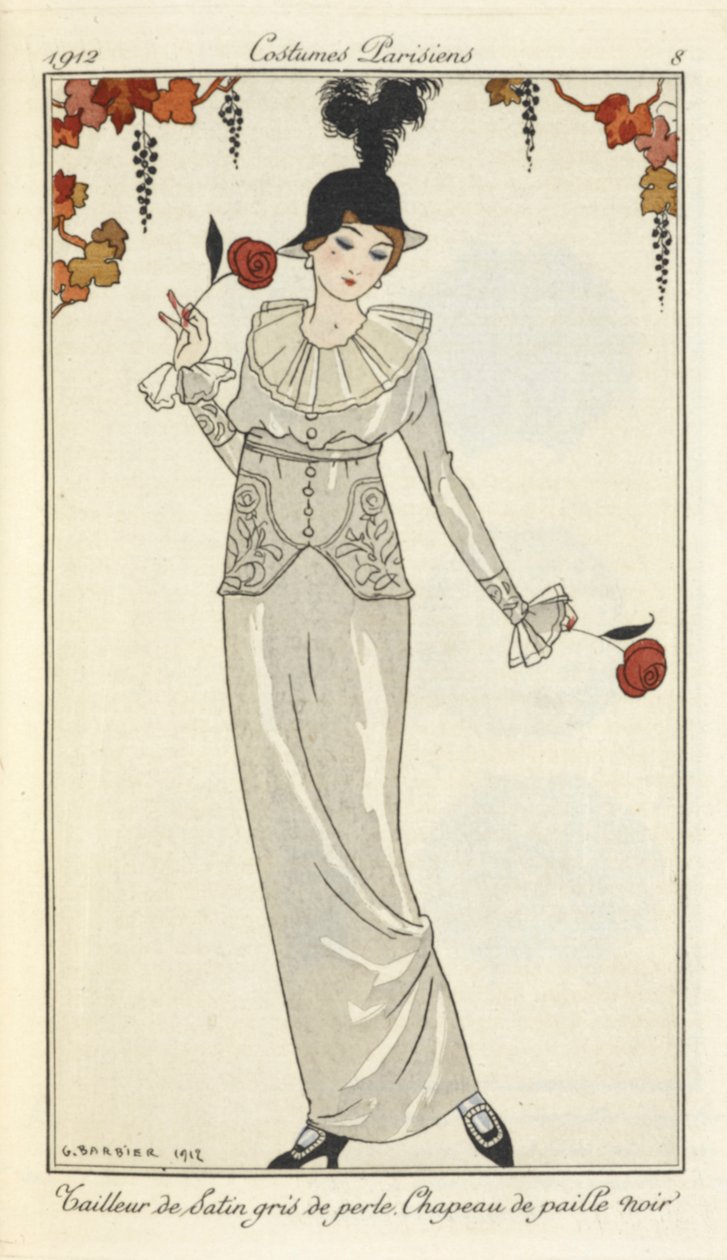 Pearl gray satin suit, black straw hat by Georges Barbier