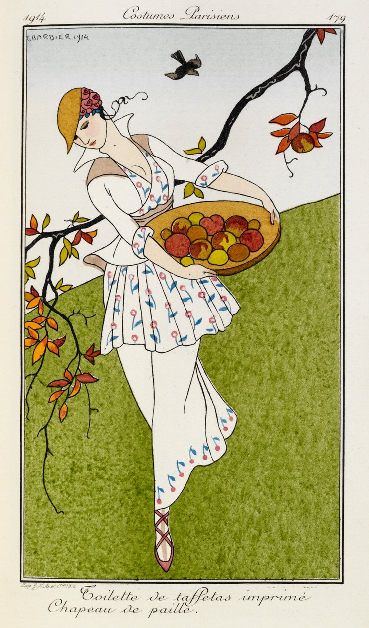 Printed Taffeta Outfit and Straw Hat. Costumes Parisiens No.179 by Georges Barbier