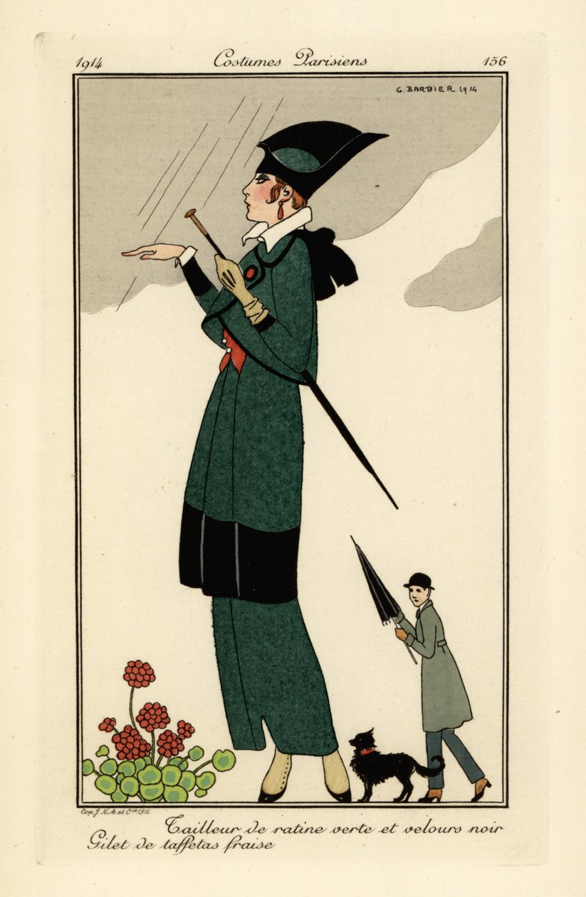 Woman in Green Ratine and Black Velvet Suit by Georges Barbier