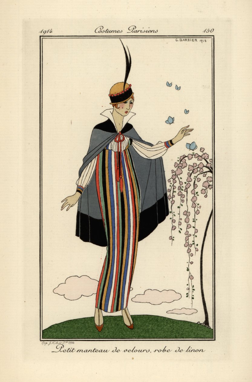 Woman in striped linen dress with short velvet coat by Georges Barbier