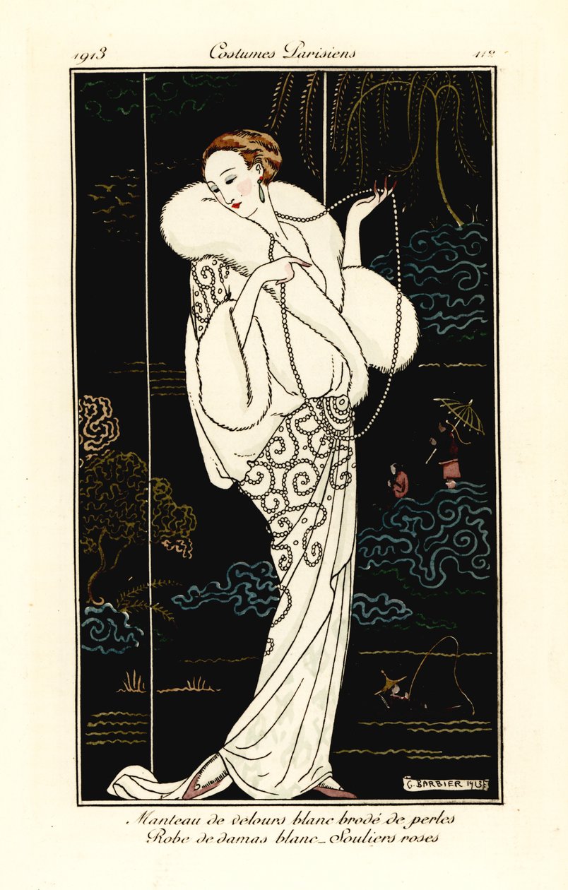 Woman in Velvet Cape, Damask Dress and Pink Slippers by Georges Barbier