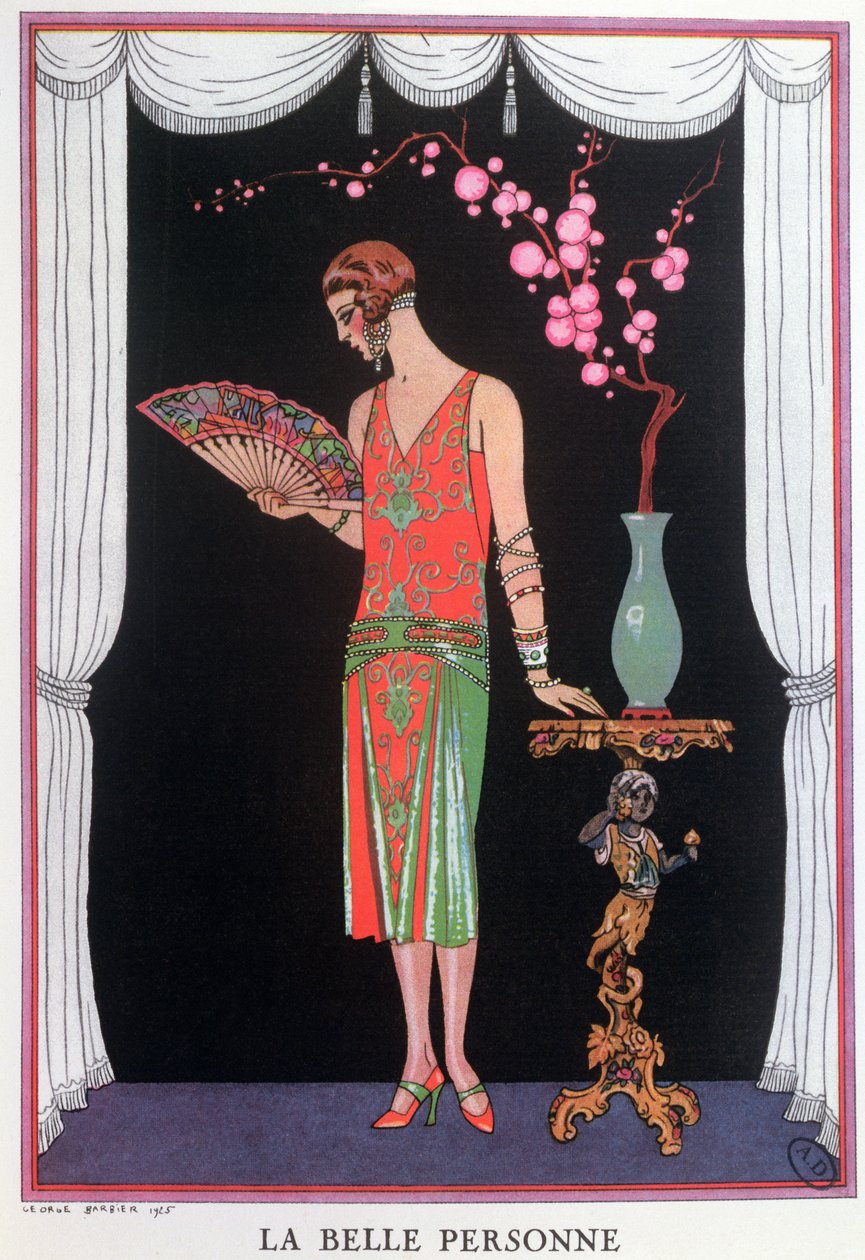 Worth evening dress, fashion plate from Gazette du Bon Ton by Georges Barbier