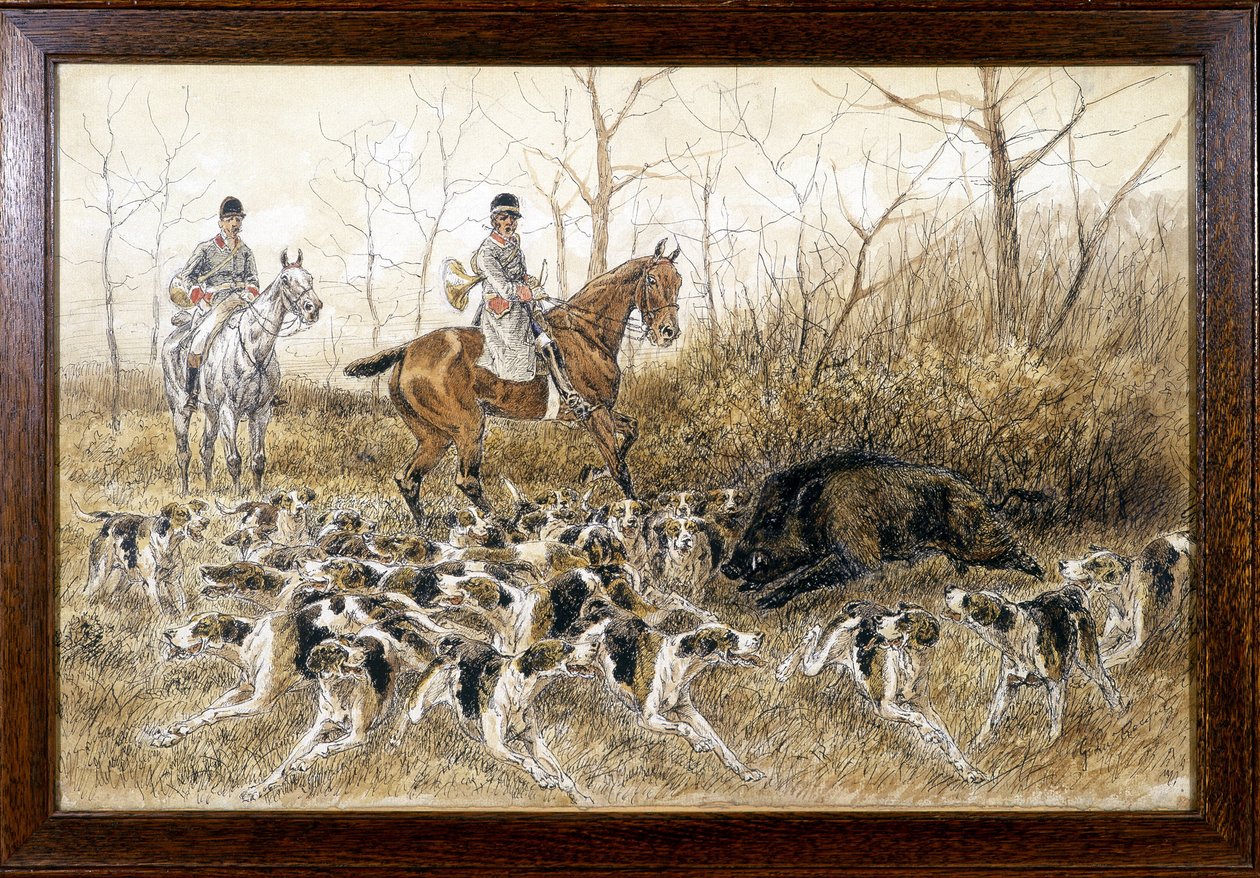 Pack of dogs around a wild boar in a hunting (drawing by Georges La Roque, c. 1900) by Georges La Roque