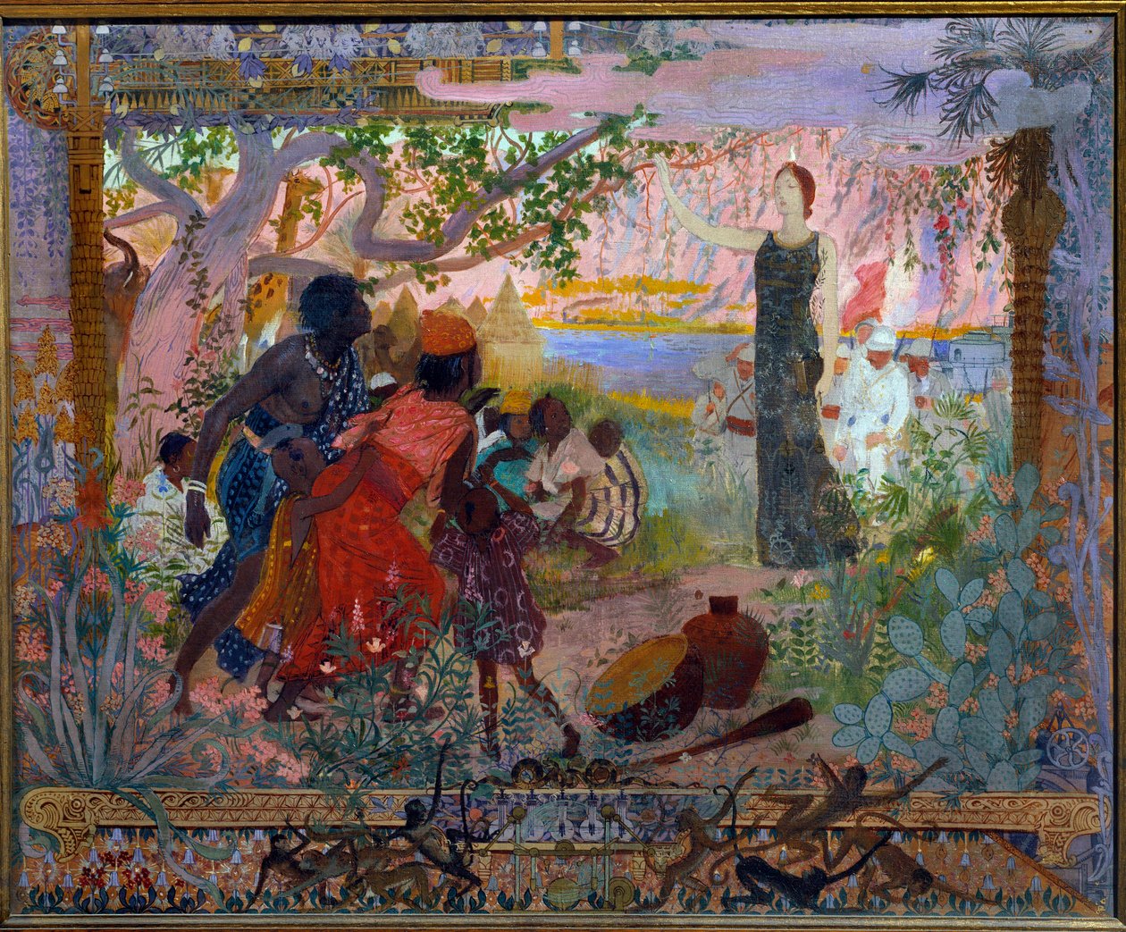 The Conquest of Africa. Allegory about colonialism representing a young white woman solemnly advancing towards frightened African families. Painting by Georges Antoine Rochegrosse (1859-1938) 1900 Paris, Musee du Luxembourg by Georges Marie Rochegrosse