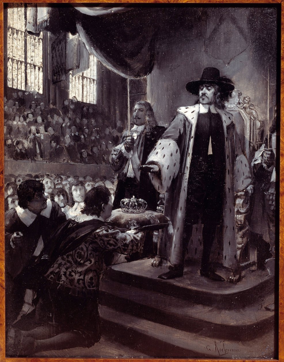 Oliver Cromwell (1599-1658) refusing the crown The Lord Protector of the Republic of Great Britain was proposed the crown by the Humble Petition and Advice (New Parliament) in 1658. Grisaille on wood by Georges Antoine Rochegrosse (1859-1938) 19th century by Georges Marie Rochegrosse