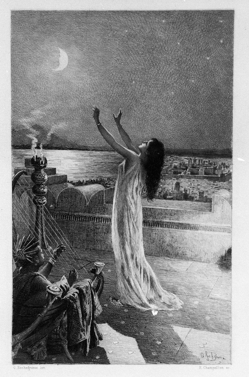 Salammbo, daughter of Hamilcar Barca, prays Tanit, goddess of the moon. Illustration of Georges Antoine Rochegrosse for the novel Salammbo by Gustave Flaubert by Georges Marie Rochegrosse