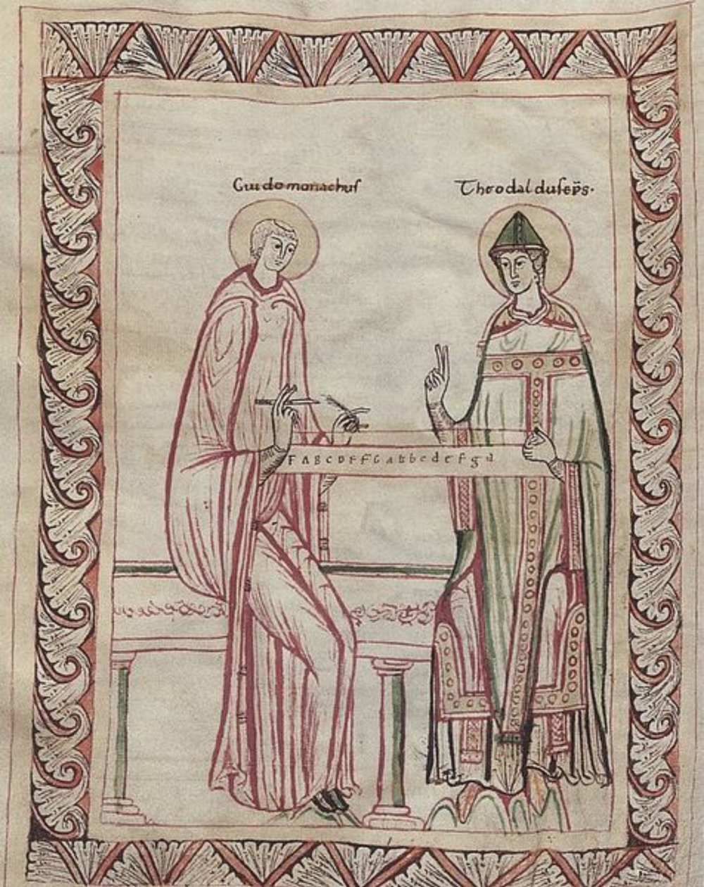 Guido of Arezzo and Bishop Tedald Working on Monochord, 11th Century Miniature by Georgia Levan Ramishvili from Tbilisi