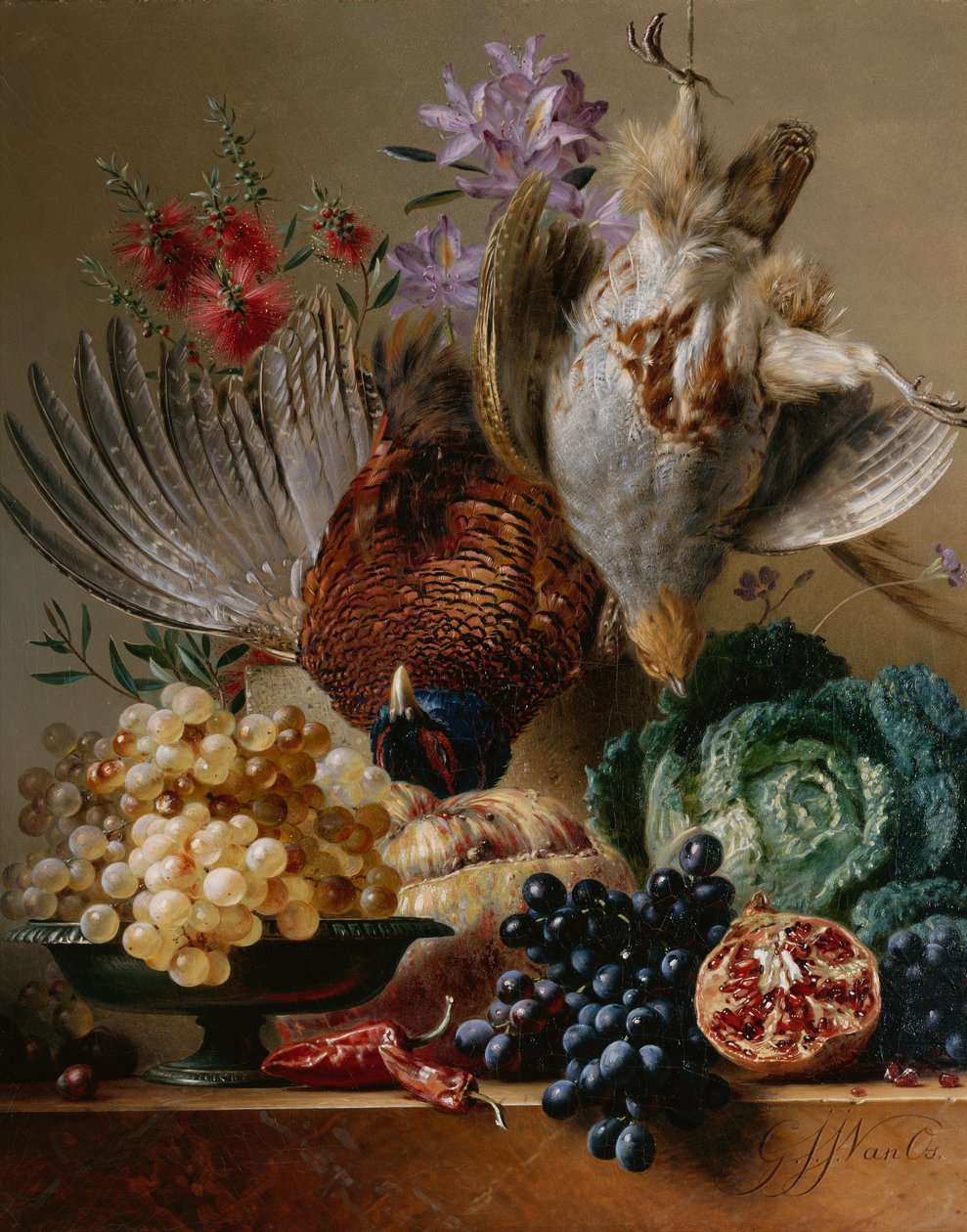 Dead Pheasant, Partridge, Grapes, Cabbage, Fruit and Flowers on a Ledge by Georgius Jacobus Johannes van (after) Os