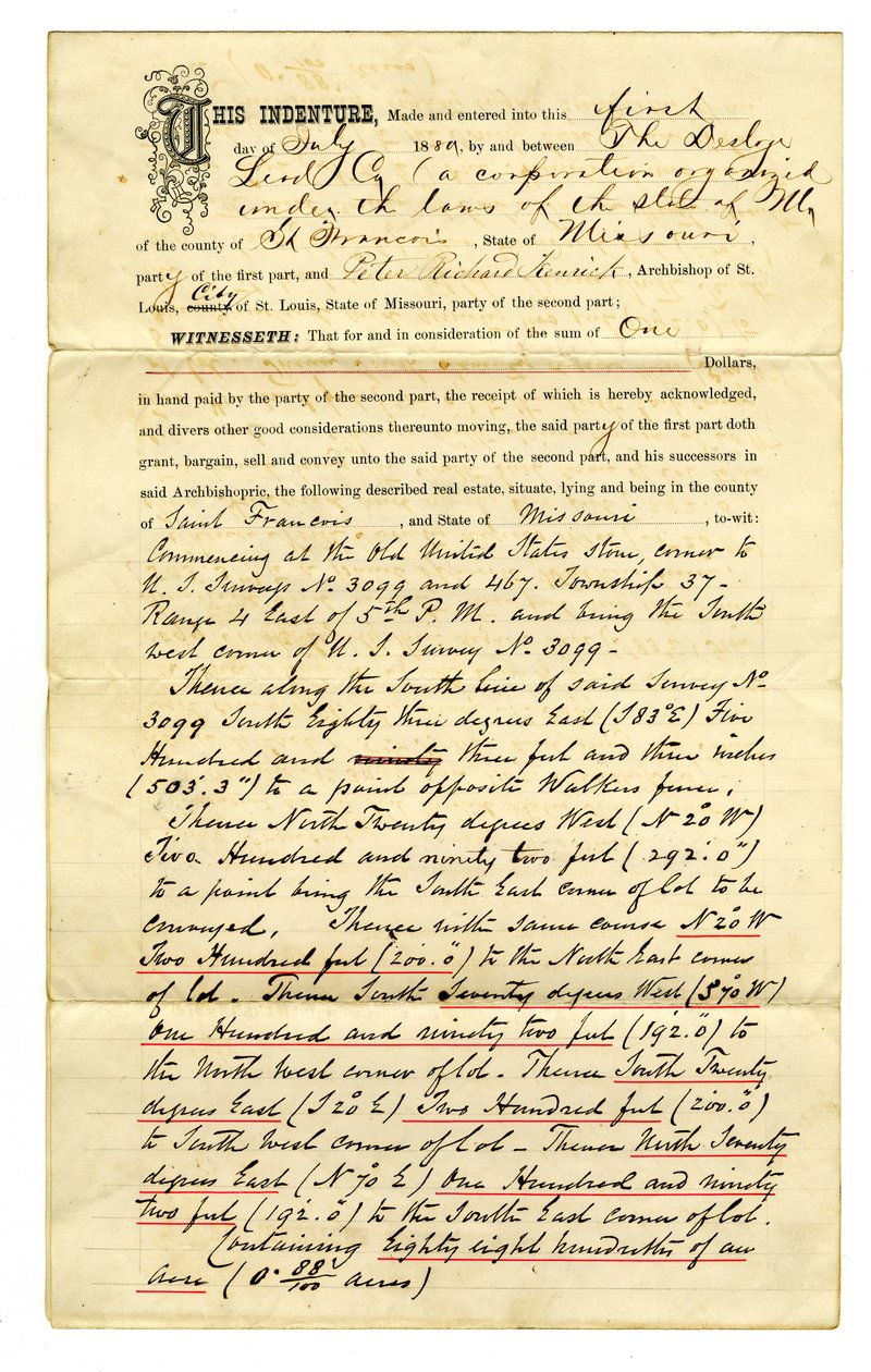 Conveyance of Land by Desloge Lead Co., to Peter Richard Kenrick, Archbishop of St. Louis, for the Sum of $1. Property Transferred by Gerald B. Allen