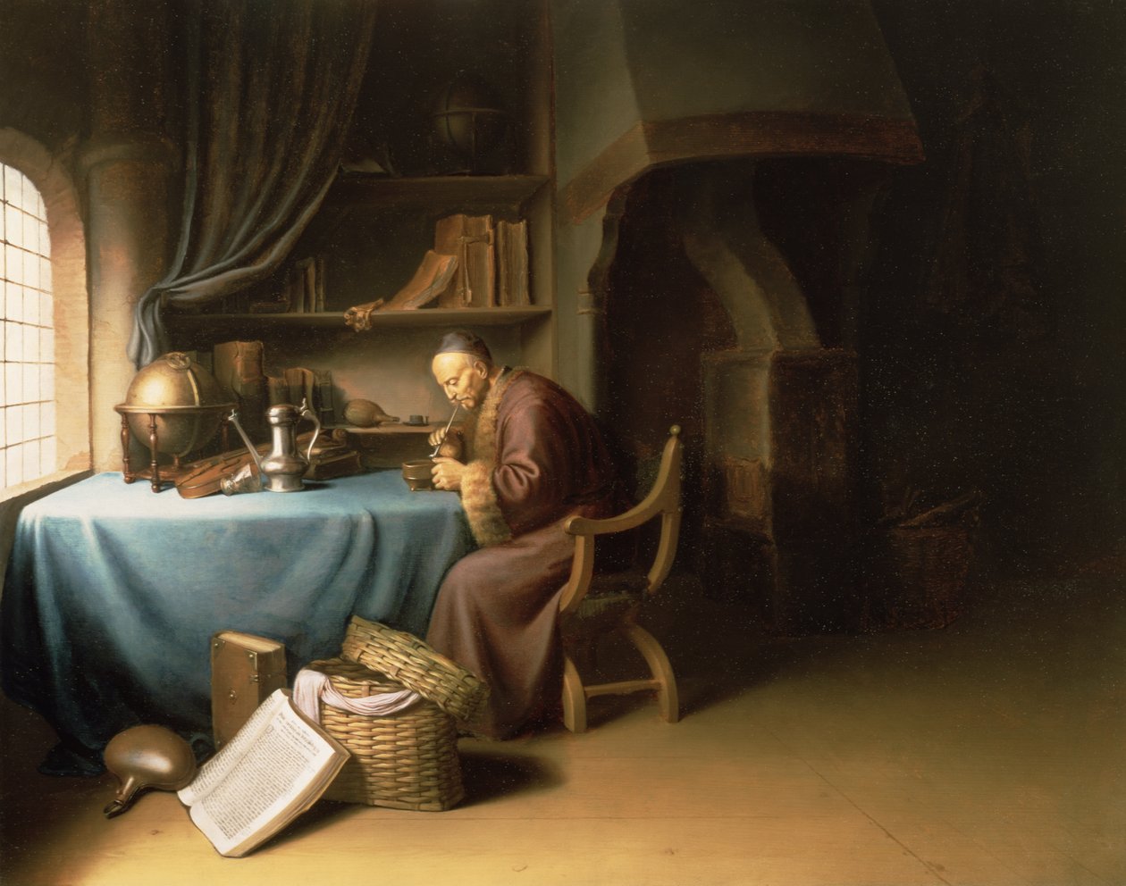 An Old Man Lighting his Pipe in a Study by Gerrit Dou