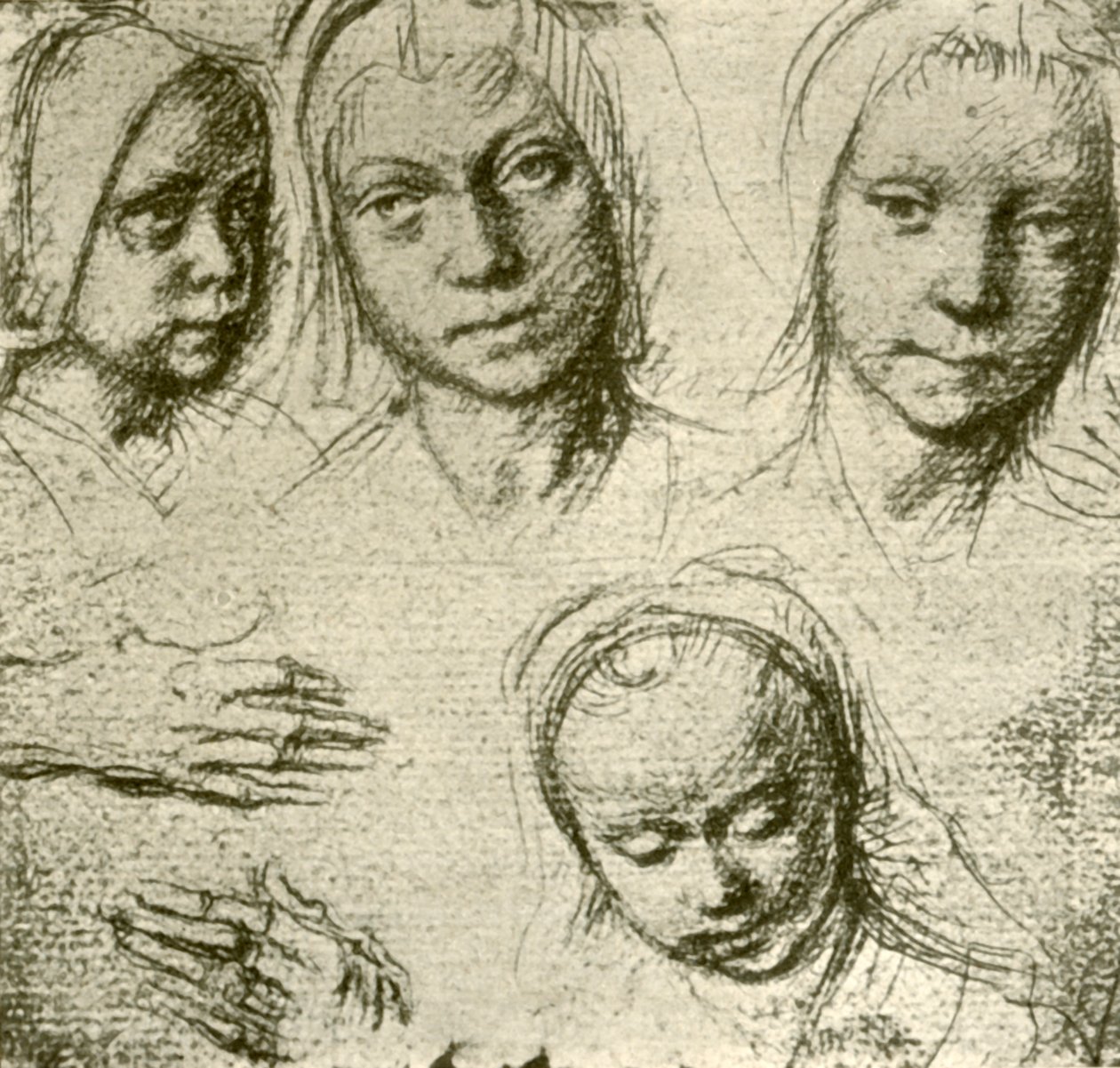 Four Heads of a Young Girl and Two Hands by Gerard David