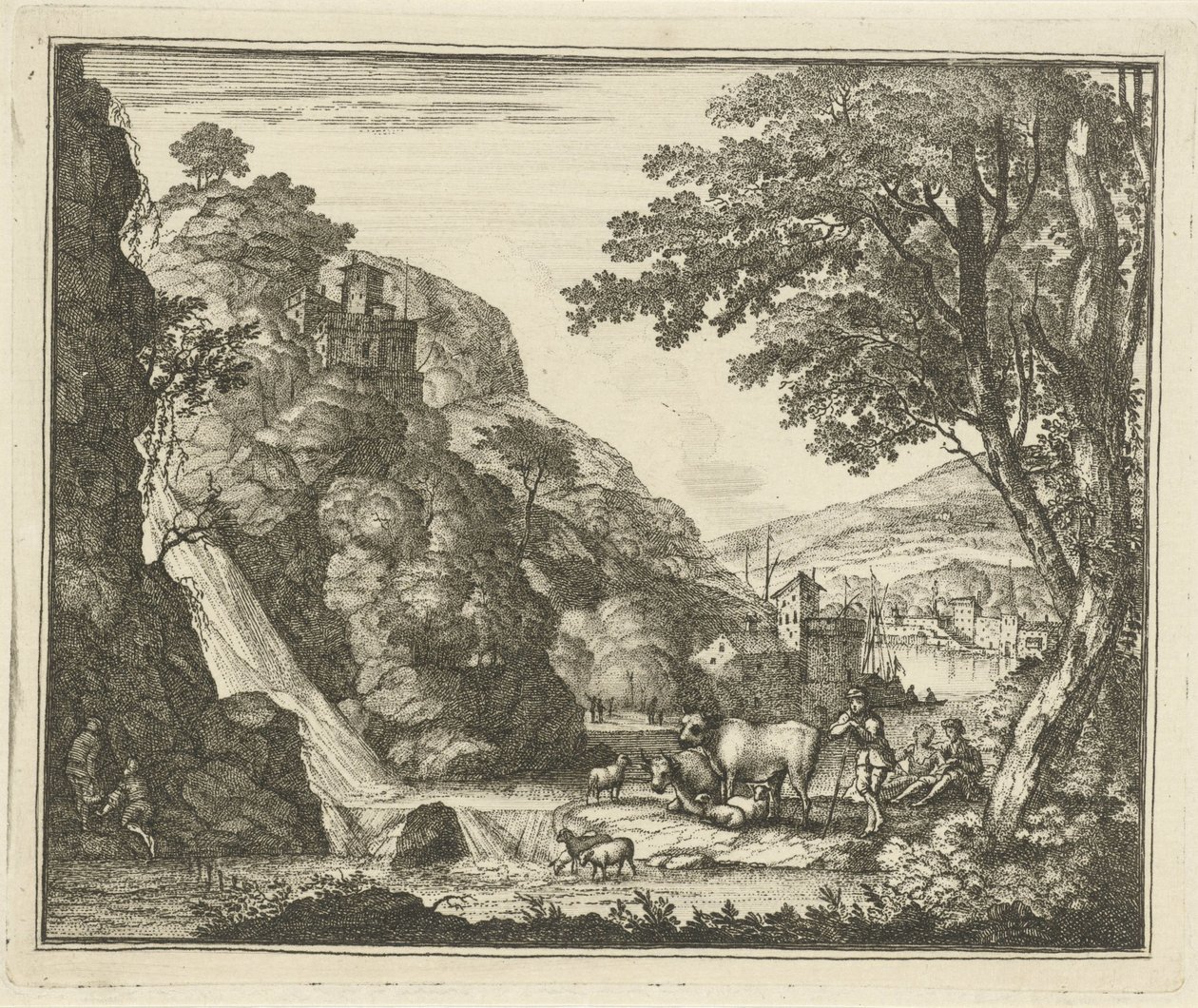 Shepherd with Animals near a Waterfall by Gerard Melder