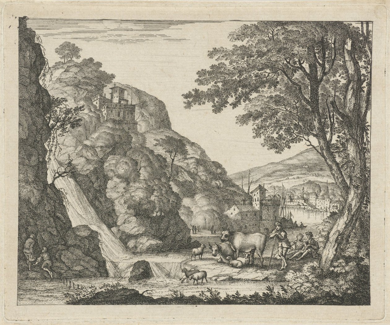 Shepherd with Animals by a Waterfall by Gerard Melder