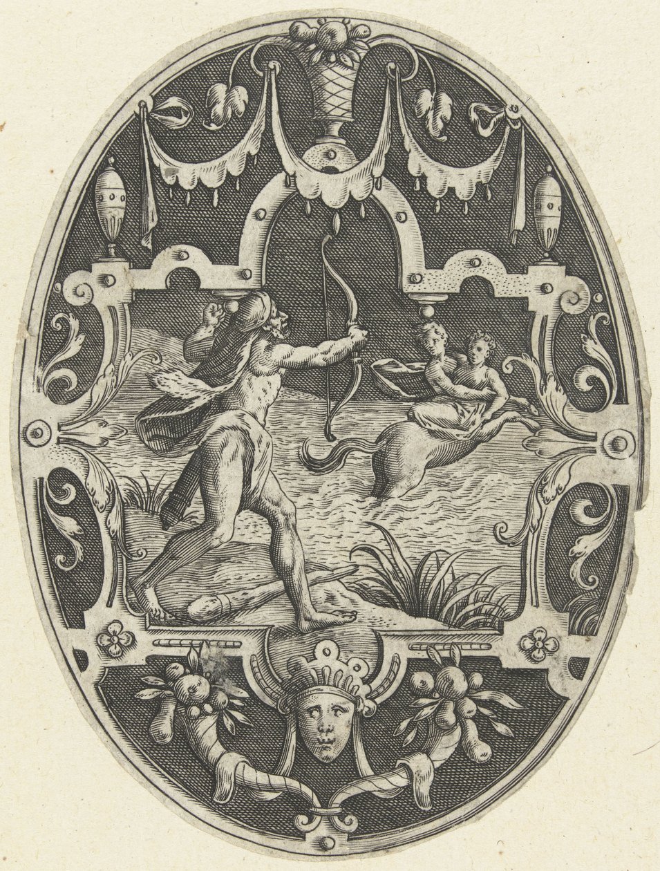 Flat Decoration: Hercules Shooting the Centaur Nessus Who Tries to Abduct Deianira by Gerard de Jode