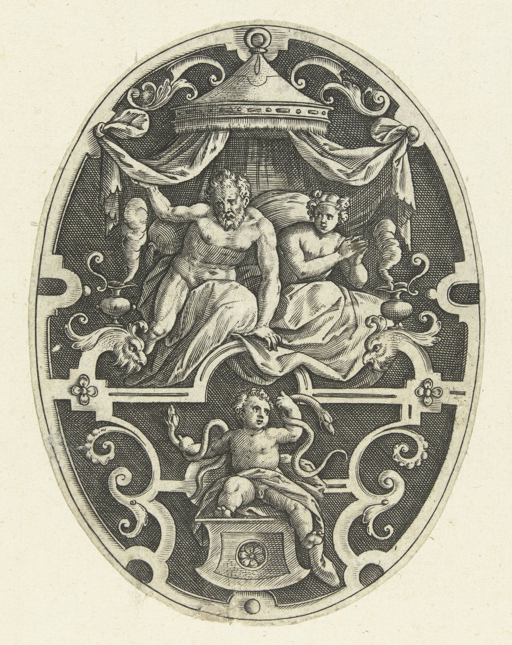 Flat Decoration: Hercules Strangles the Two Snakes in His Cradle (Oval Flat Decorations with the Deeds of Hercules in Grotesques) by Gerard de Jode