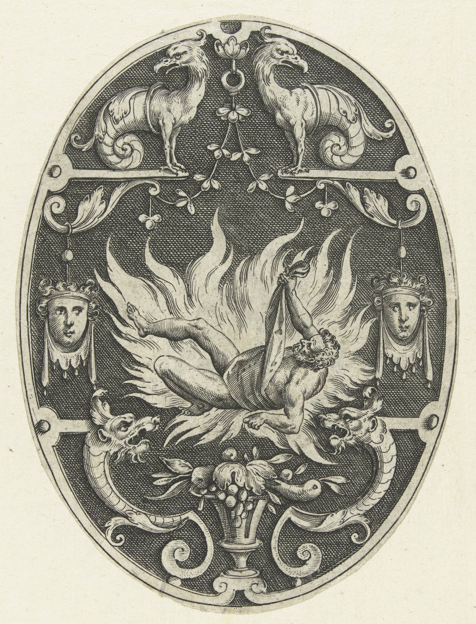 Flat Decoration: The Death of Hercules (series title: Oval Decorations with the Deeds of Hercules in Grotesques) by Gerard de Jode