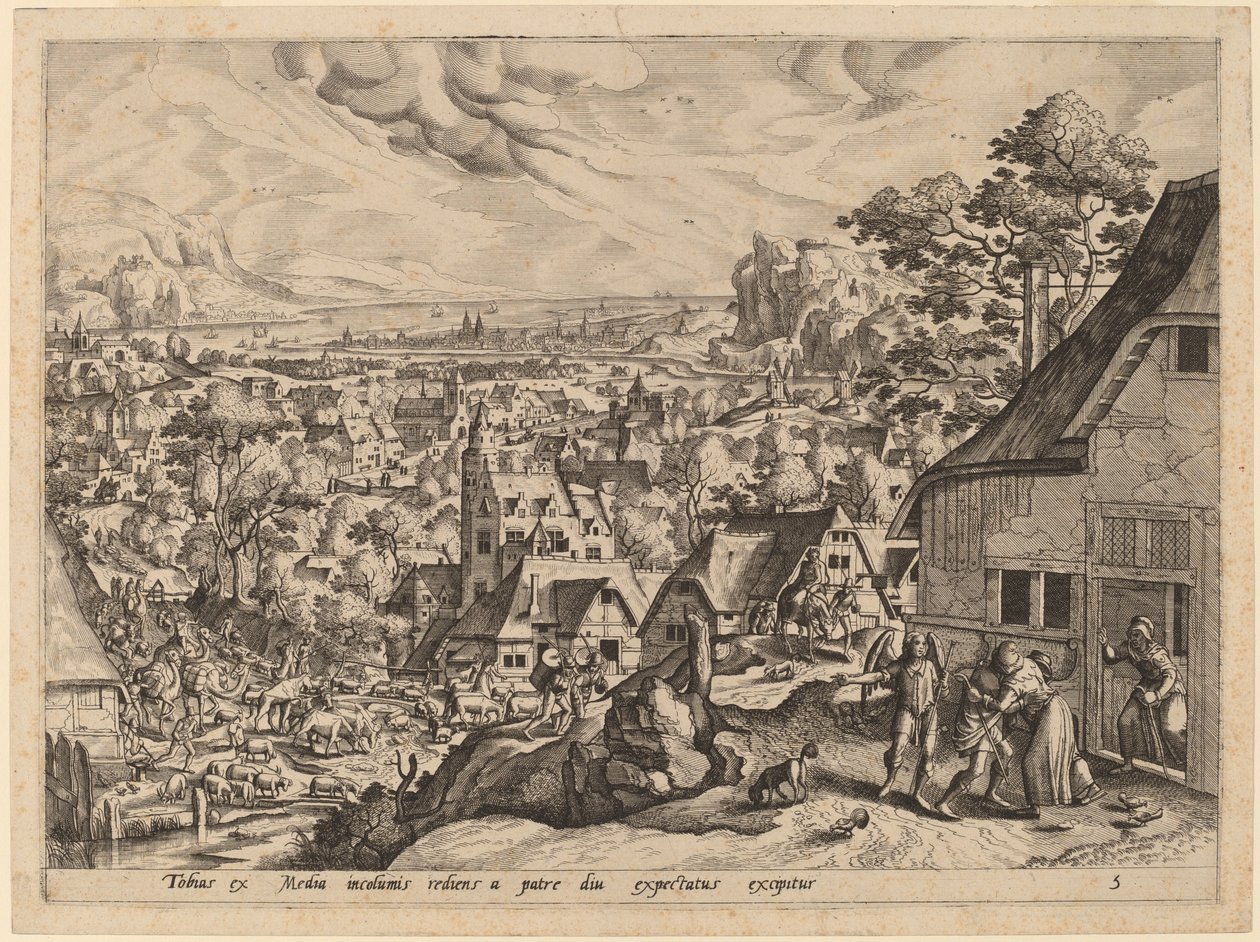 Tobias Returns Home with His Bride by Gerard de Jode after Hans Bol