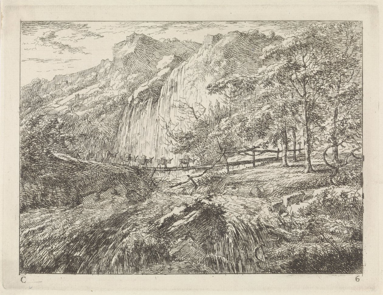 Pack Donkeys on a Bridge near a Waterfall (series title: Landscapes, Series C) by Gerard van Nijmegen
