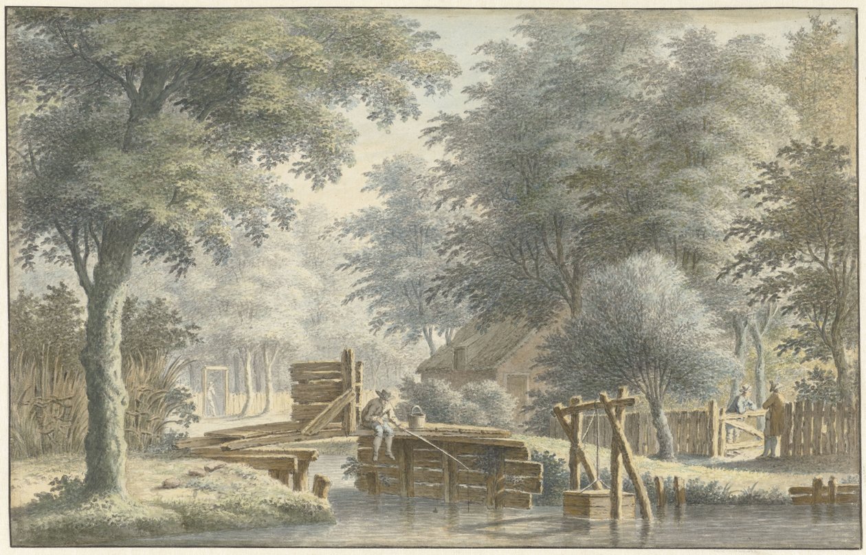 Landscape with a Bridge on which an Angler by Gerard van Rossum