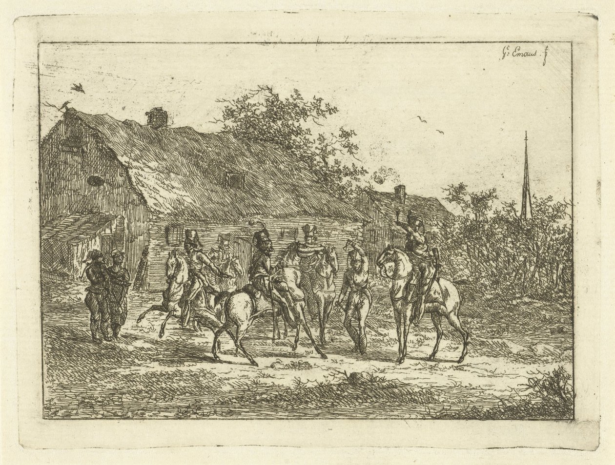 Cavalry in a Village by Gerardus Emaus de Micault