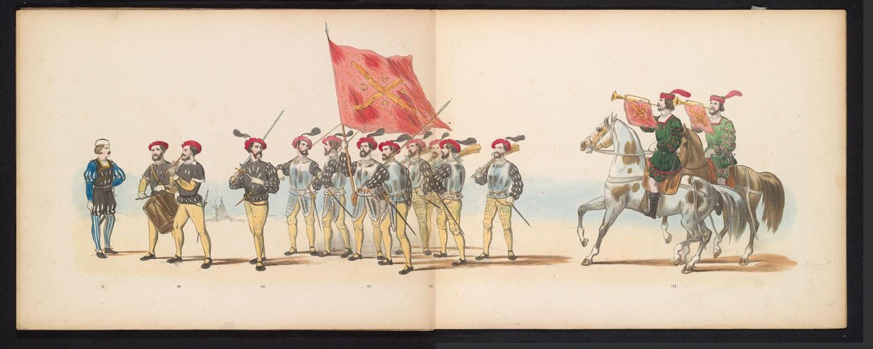 Masquerade of the Leiden Students, 1855 (plate 12) (title on object: Costumed Procession Held by the Members of the Leiden Student Corps on June 12, 1855, to Celebrate the 280th Anniversary of Leiden University, Representing the Entry of Charles V) by Gerardus Johannes Bos