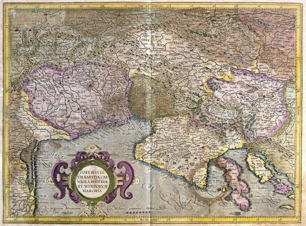 Friuli, Italy - Slovenia (Istria) with the Gulf of Trieste and Balkans (engraving) by Gerardus Mercator