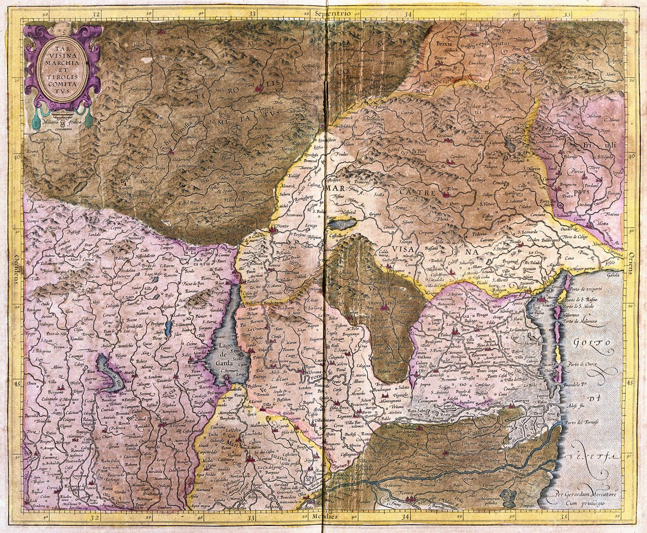 Gulf of Venice to Tirol, centered on Lago di Garda and Verona, Italy (engraving) by Gerardus Mercator
