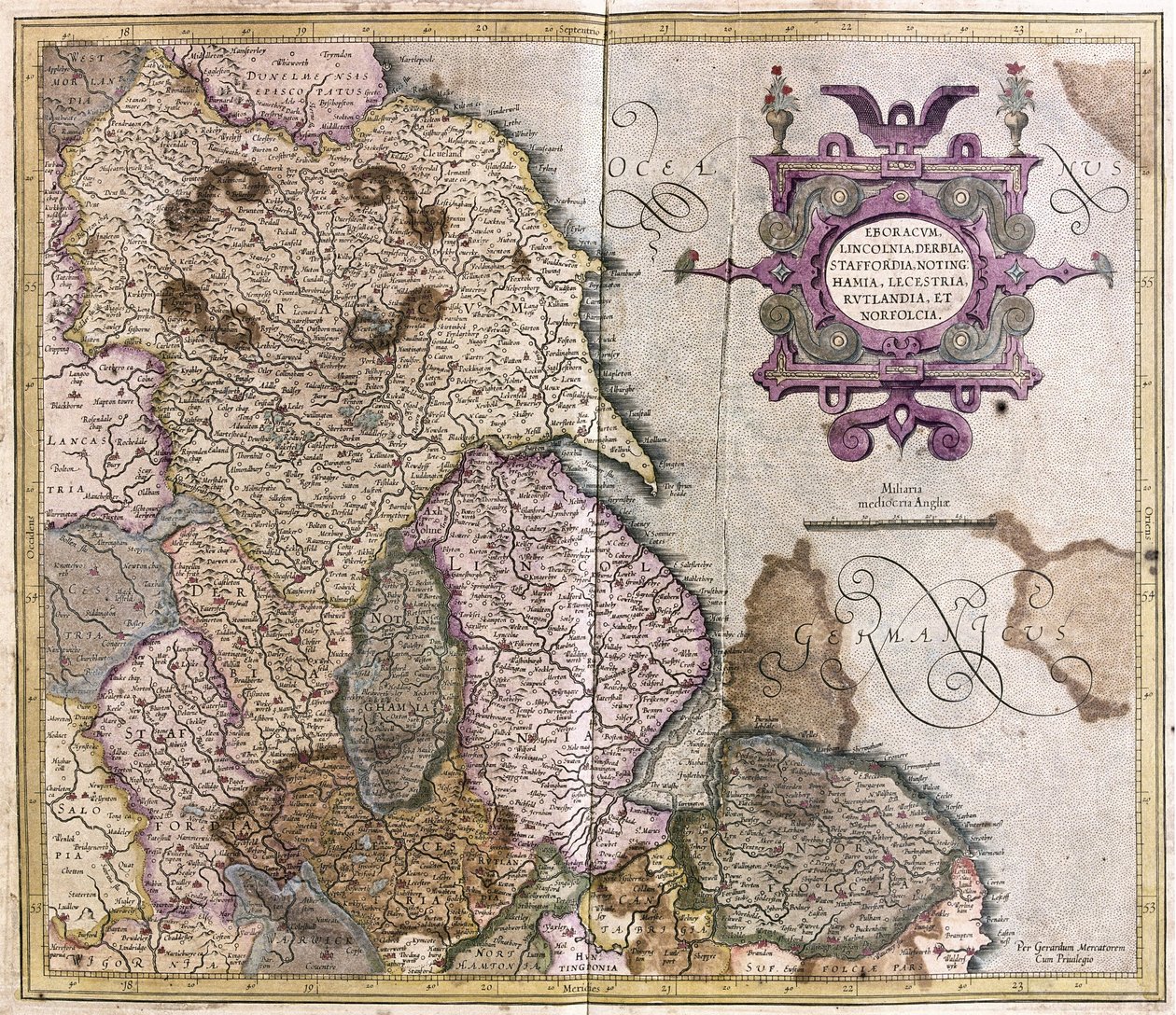 Yorkshire, Lincolnshire, Staffordshire, Nottinghamshire, Leicestershire, Rutland and Norfolk, Great Britain by Gerardus Mercator