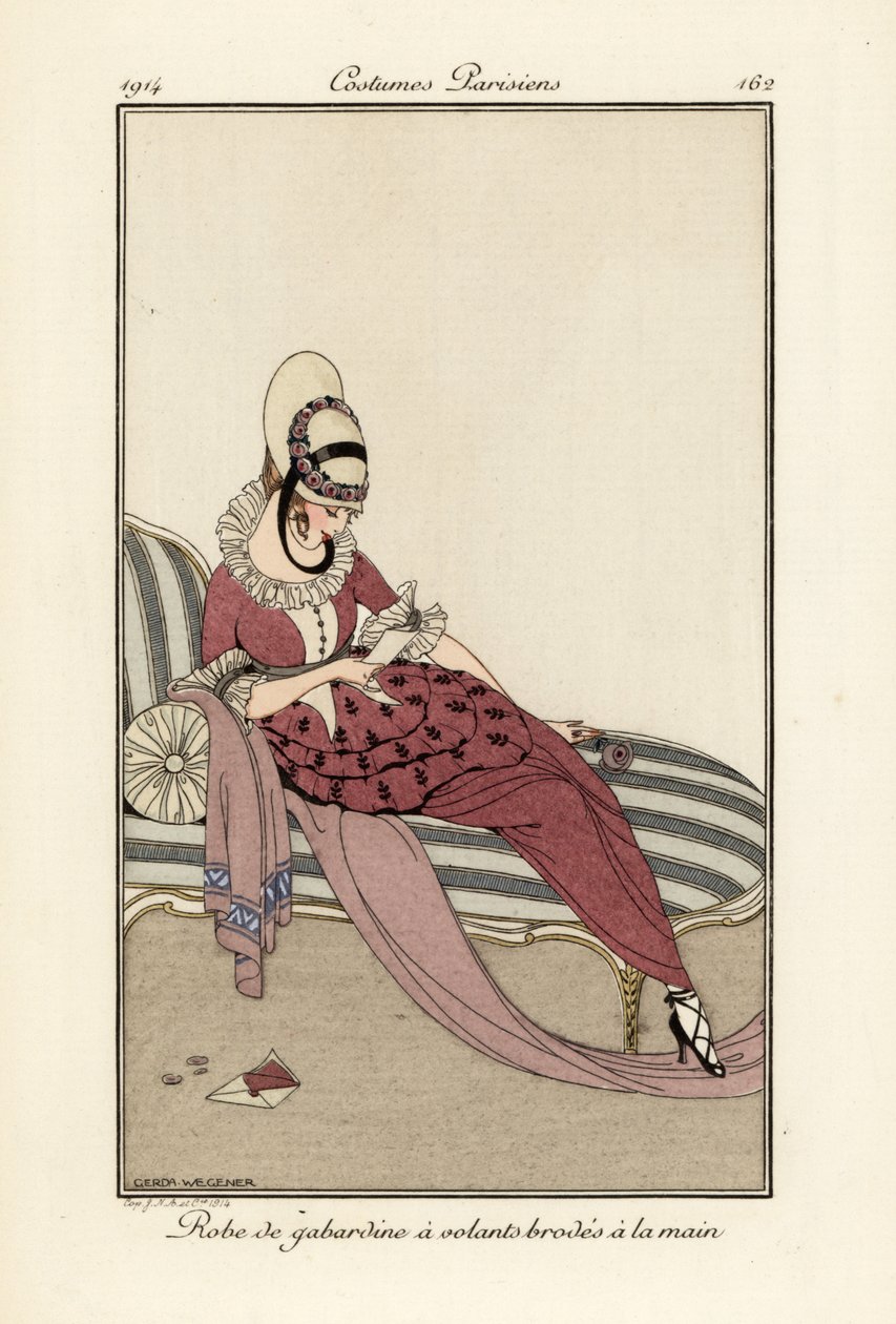 Woman in gaberdine dress with hand-embroidered frills by Gerda Marie Frederike Wegener