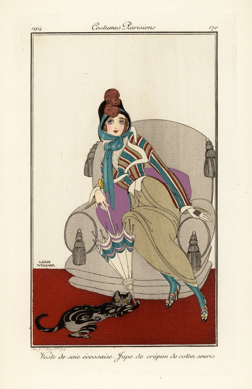 Woman in vest of Scottish silk vest, crepe cotton skirt by Gerda Marie Frederike Wegener