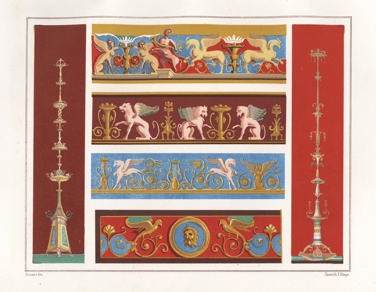 Candelabra (left) from the Casa del Panettiere or House of the Baker, candelabra (right) and frieze (top) from House of Caecilius Iucundus, arabesques with griffins from Casa dei Dioscuri or House of Castor and Pollux, and ornamental details by Geremia Discanno