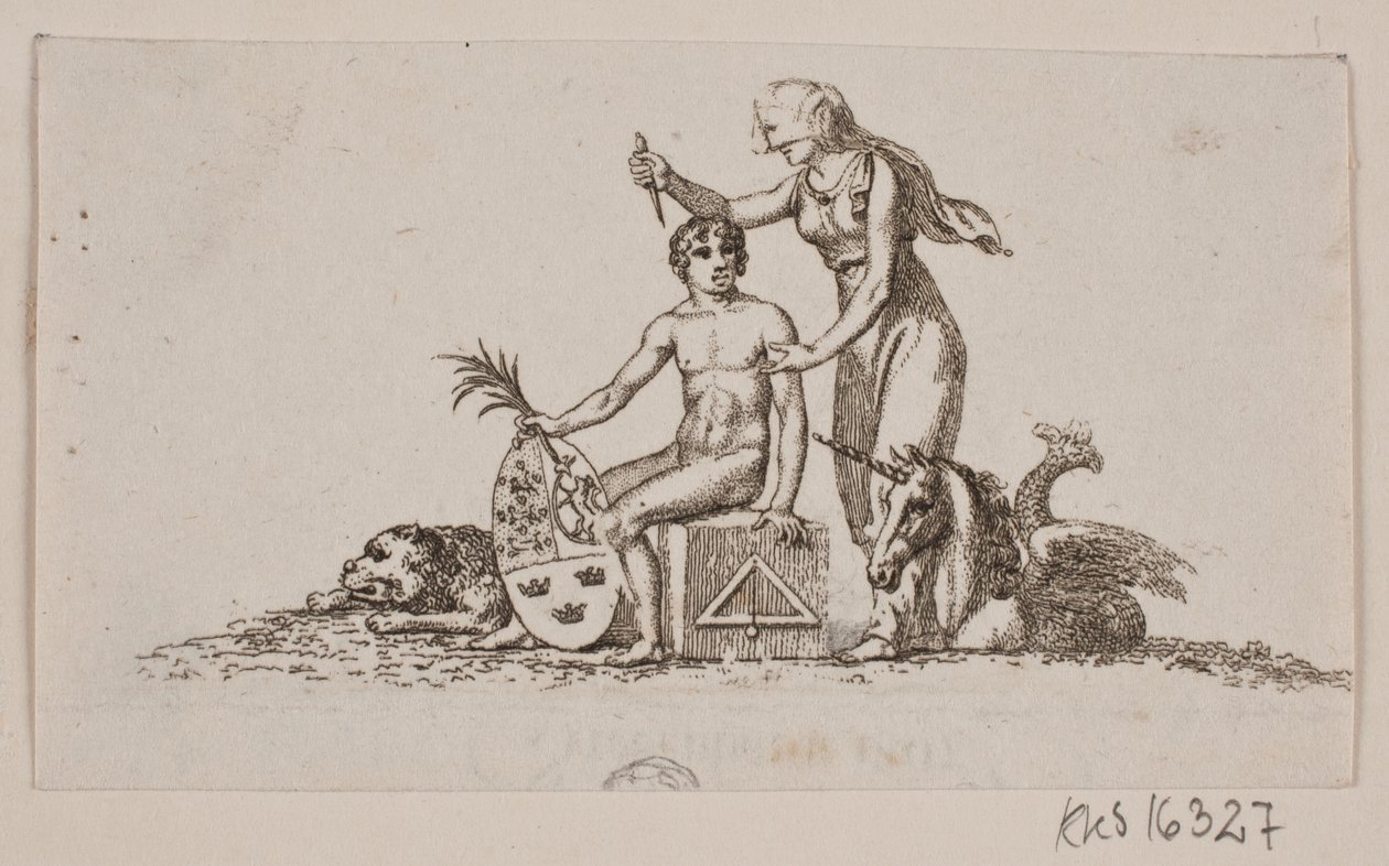 Vignette with woman, seated young man, and unicorn by Gerhard Ludvig Lahde