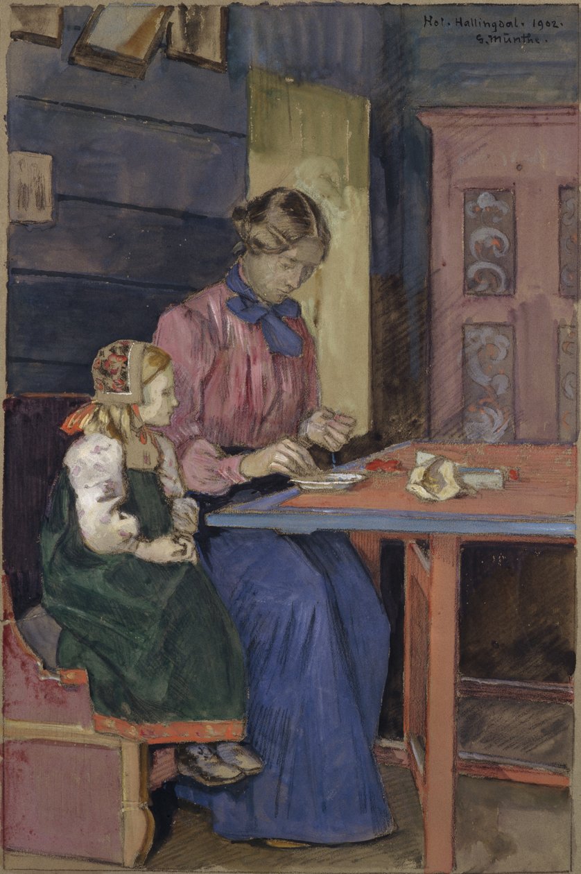 Young Girl from Hallingdal Learning to Thread Pearls by Gerhard Peter Frantz Vilhelm Munthe