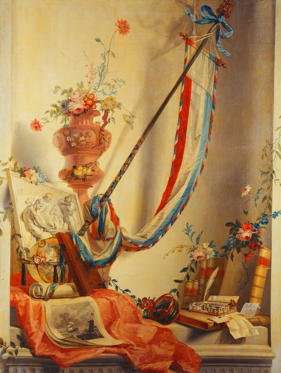 A Banner, Flowers in an Urn, a Relief, a Globe, a Print, a Compass, a Writing Set, Letters and Blaeu