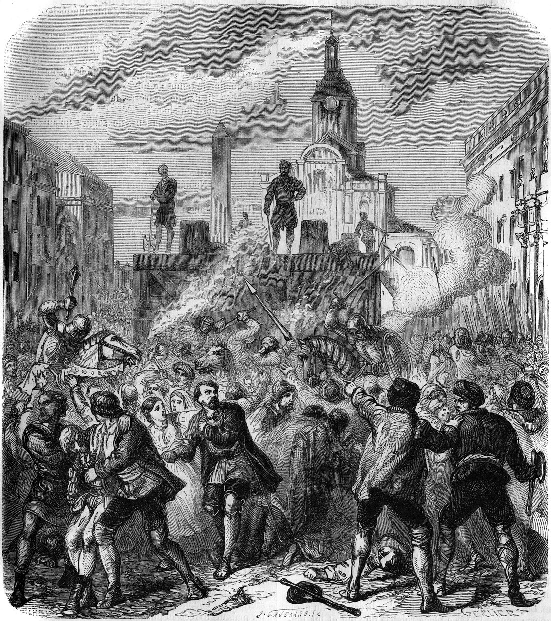 Stockholm bloodshed, massacres of Swedish national resistance leaders ordered by King Christian II of Denmark, 8 November 1520: the army tries to calm the anger of the population, forced to watch the executions. Engraving by Gerlier by Gerlier Gerlier