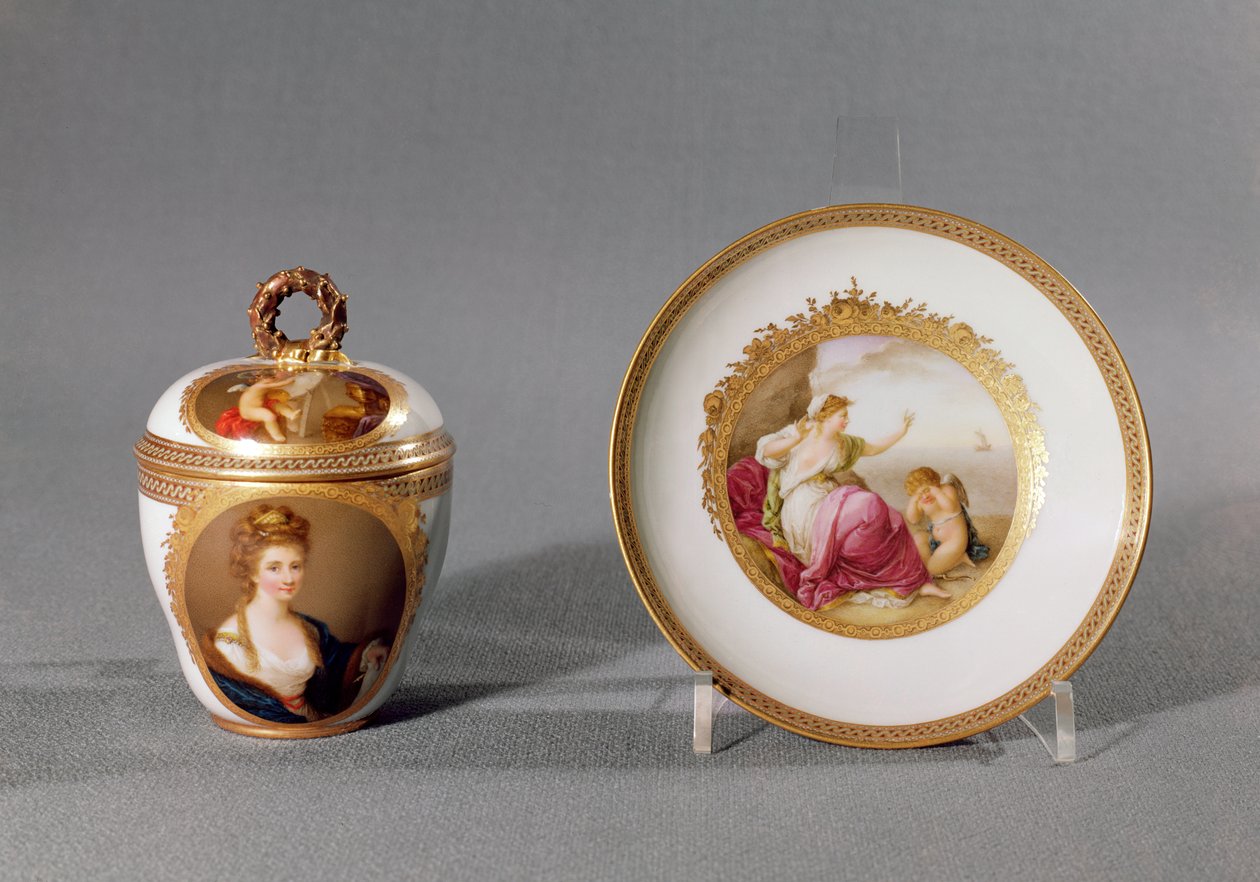 Meissen cup, cover and saucer, painted by Angelica Kauffmann (1741-1807) by German School