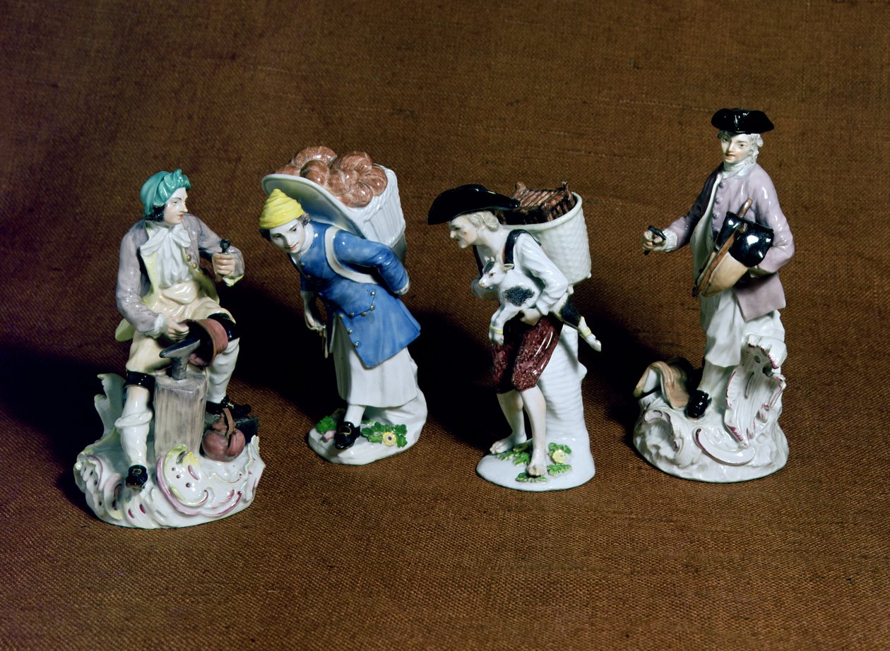 Meissen figures: saddler, goat seller and coppersmith, modelled by Johann Joachim Kandler and a baker boy by Peter Reinicke, c.1750 by German School