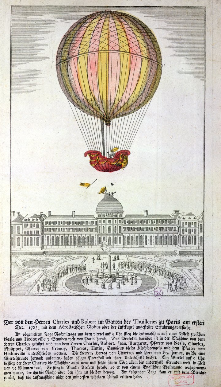 The Flight of Jacques Charles and Nicholas Robert from the Jardin des Tuileries, 1st December, 1783 by German School