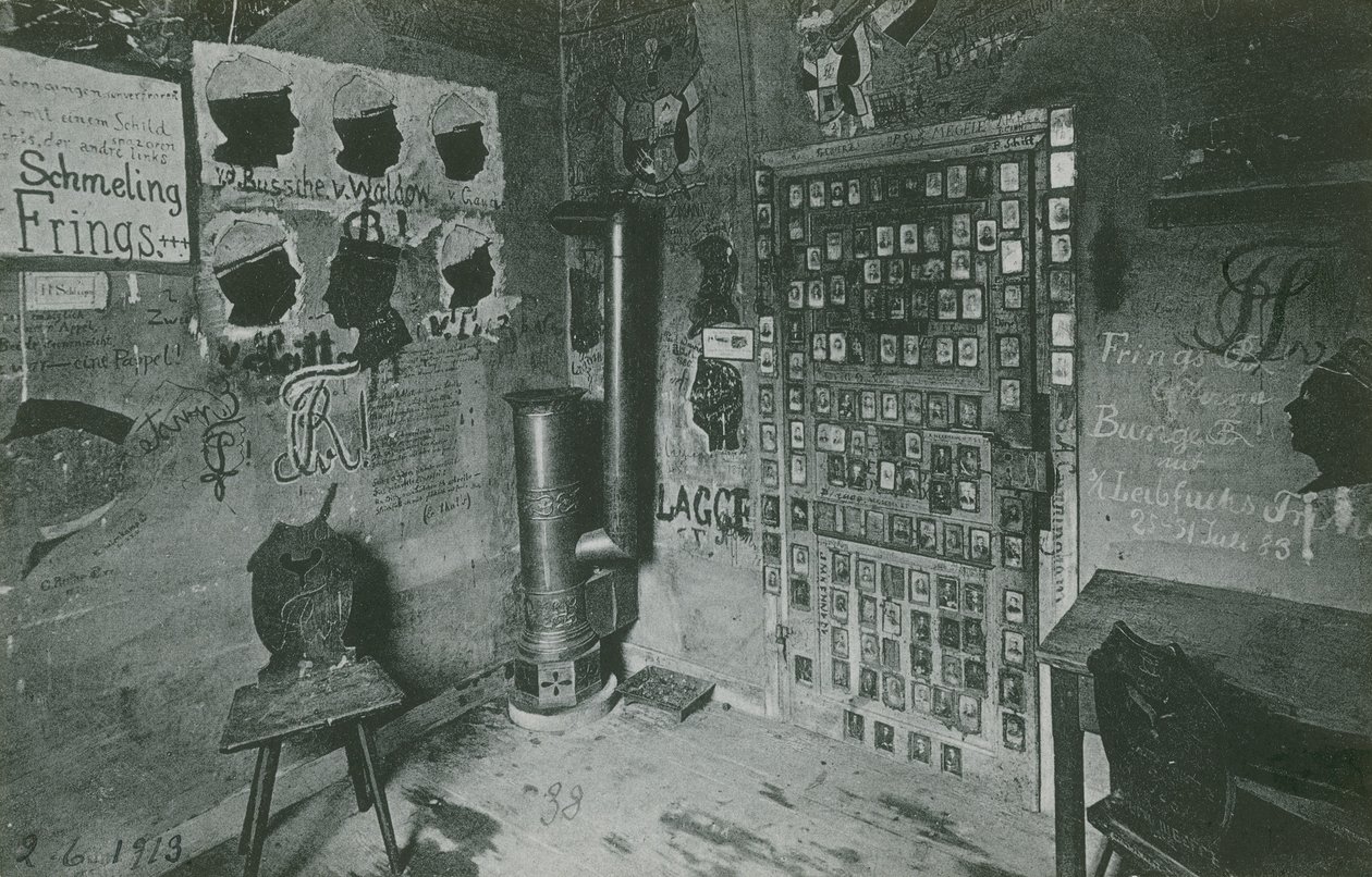 A Room with Walls Covered in Graffiti Referring to Important Contemporary Figures Such as Bussche and Waldow. Postcard Sent in 1913. by German Photographer