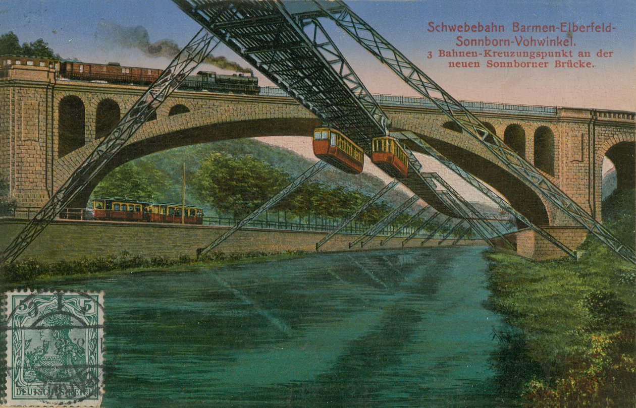 Barmen-Elberfeld-Sonnborn-Vohwinkel Suspension Railway and the New Sonnborn Bridge, Germany. Postcard Sent in 1913 by German Photographer