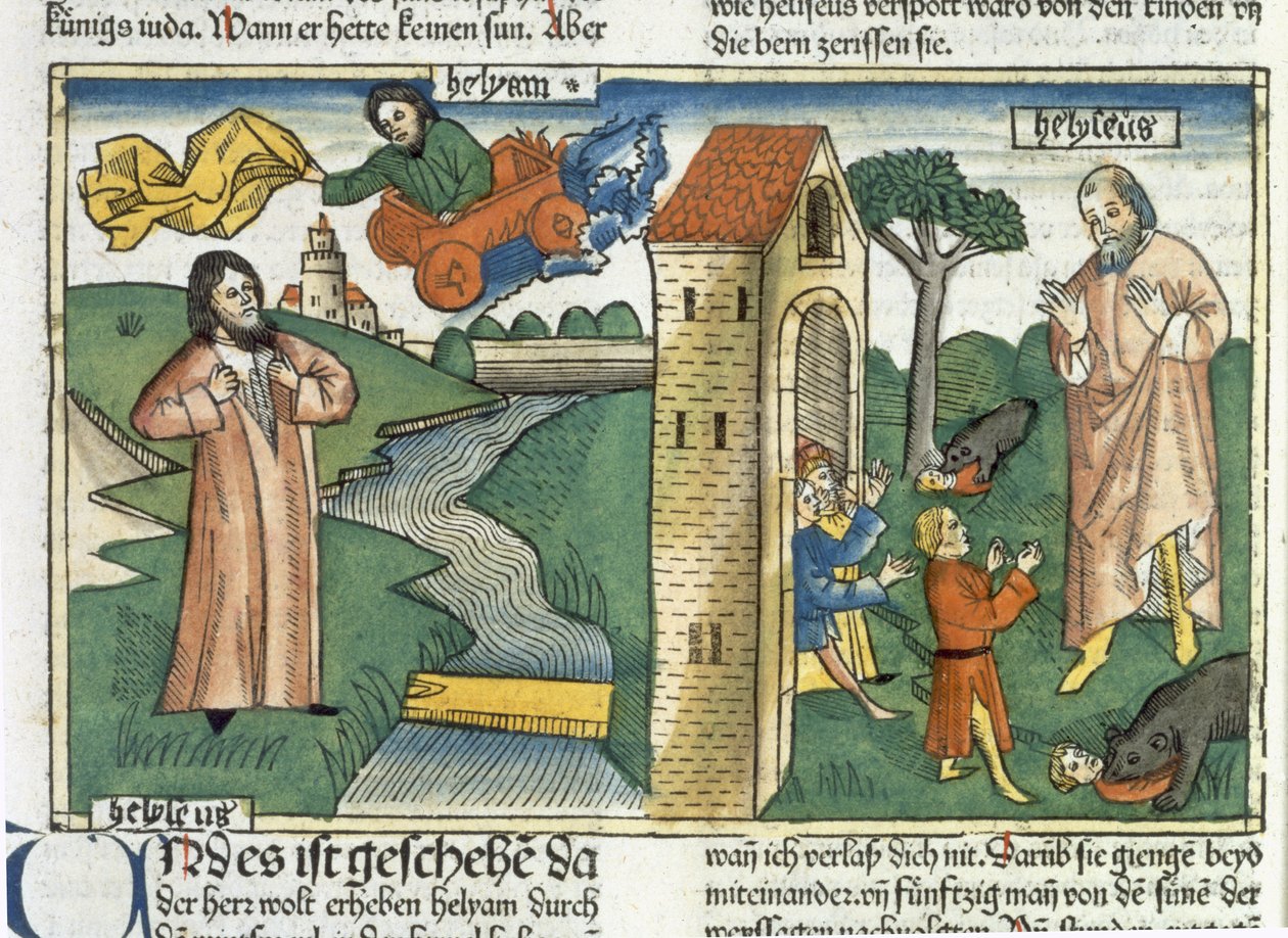 2 Kings 2:1-24 Elijah ascends to Heaven in a whirlwind and the boys who mocked Elisha are eaten by bears, from the Nuremberg Bible by German School