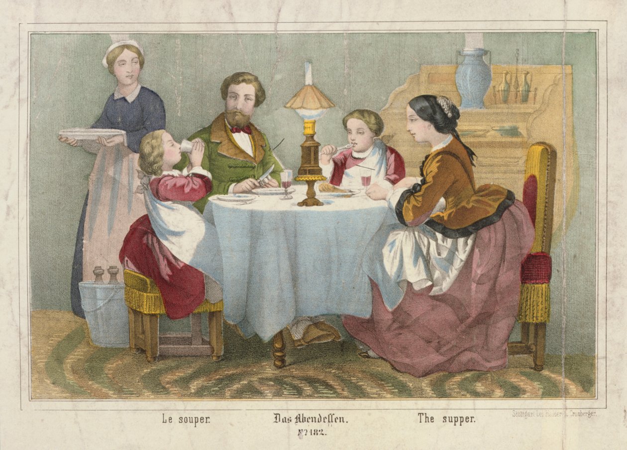 A Family at Their Evening Meal, Pictorial Broadsheet Published by Haider & Cronberger, Stuttgart, 1860 by German School