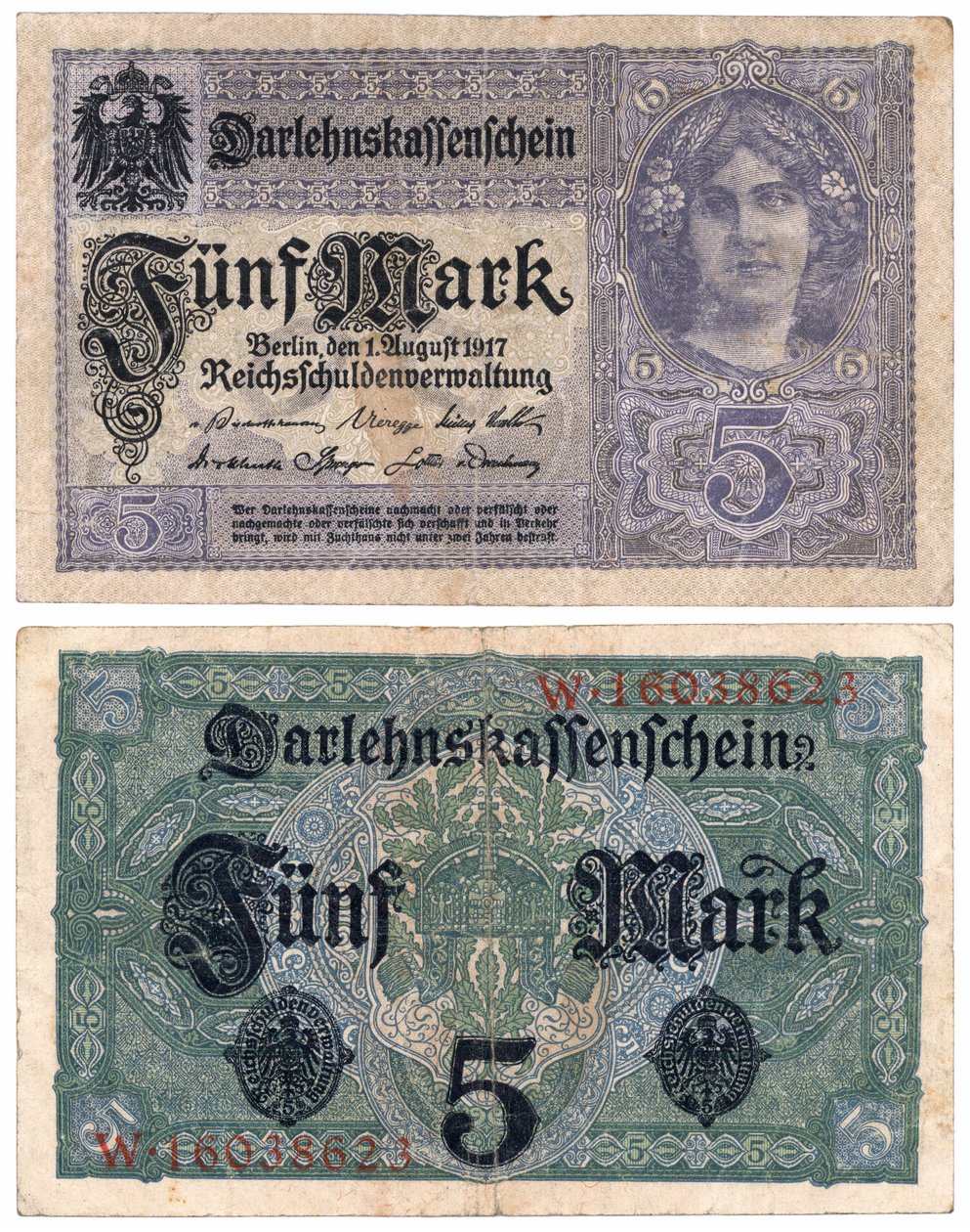 A Five Mark Banknote, 1917 (recto and verso) by German School