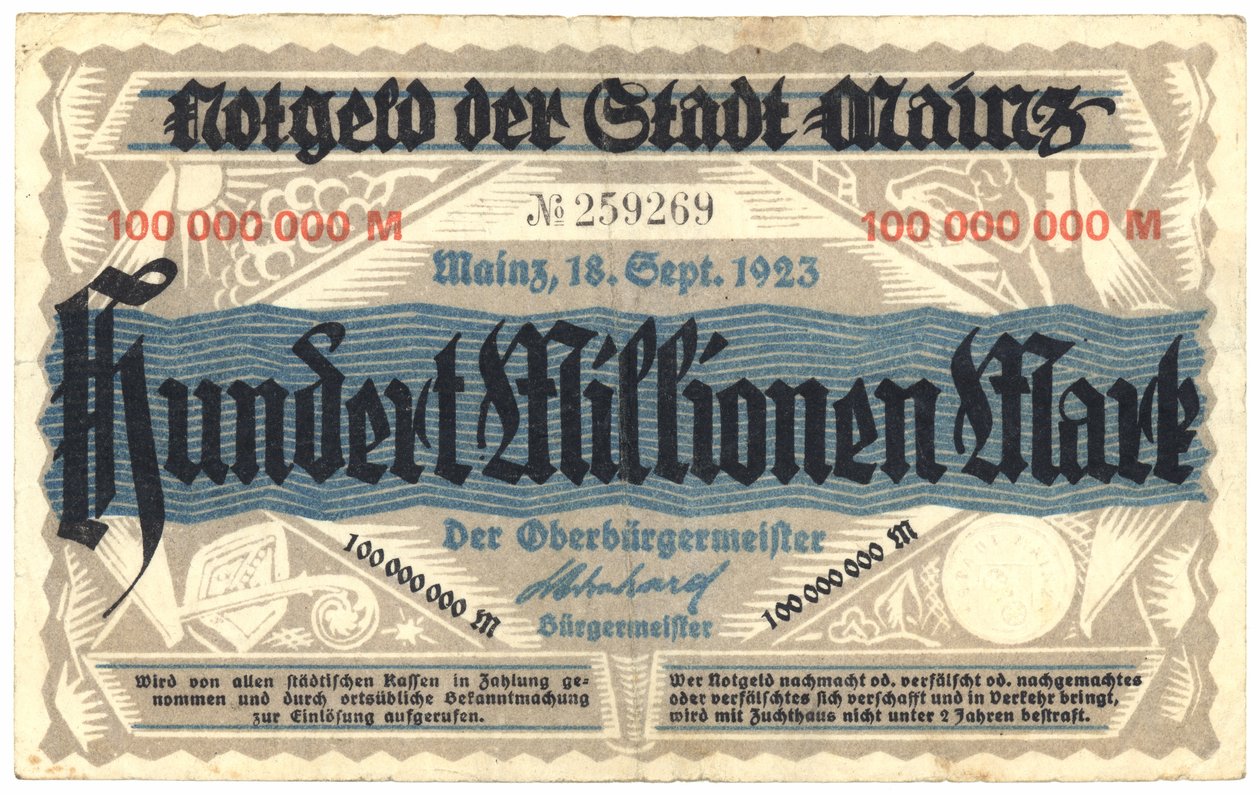 A Hundred Million Mark Banknote, 1923 by German School